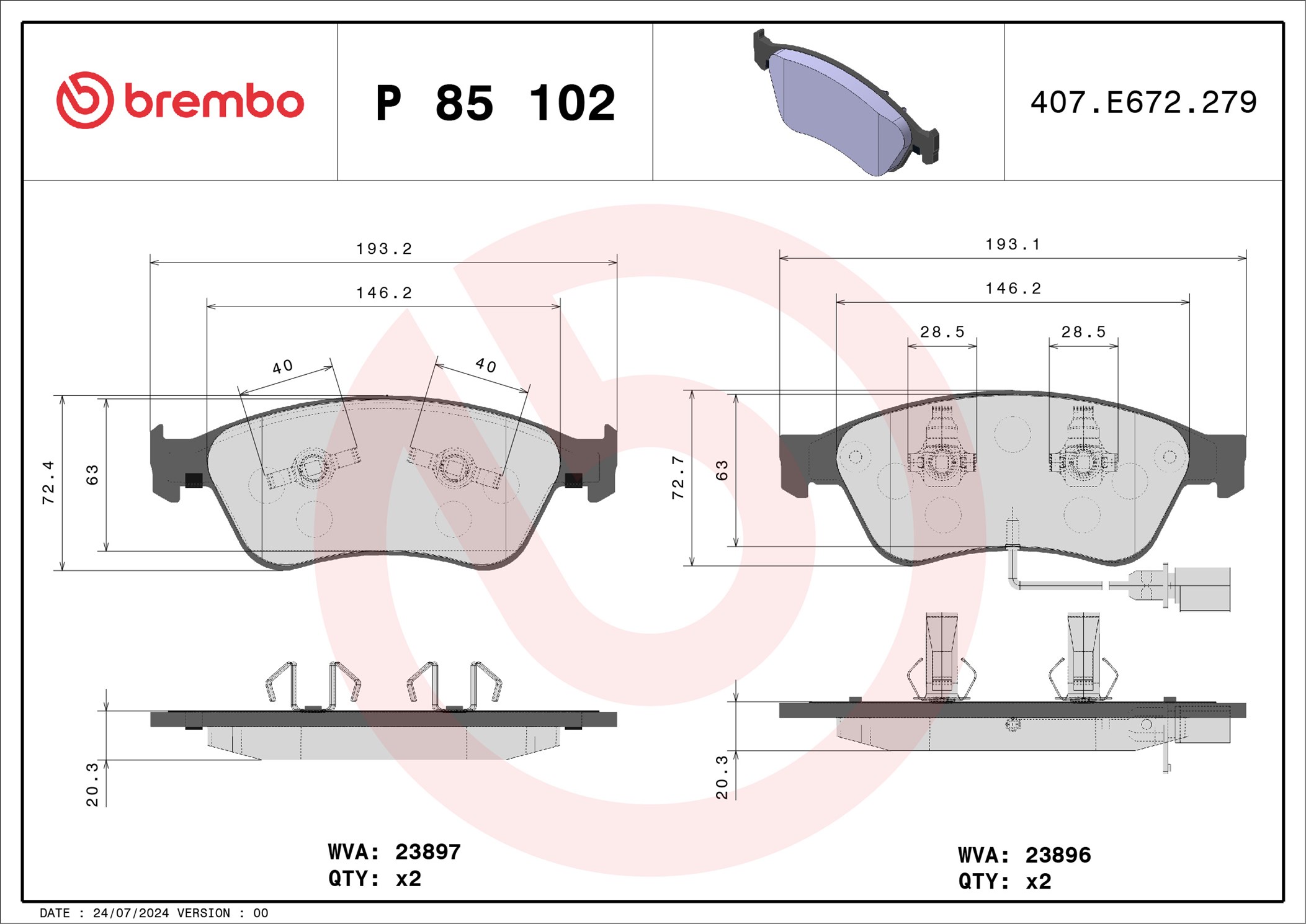 Jeu de 4 plaquettes de frein BREMBO ref. P 85 102