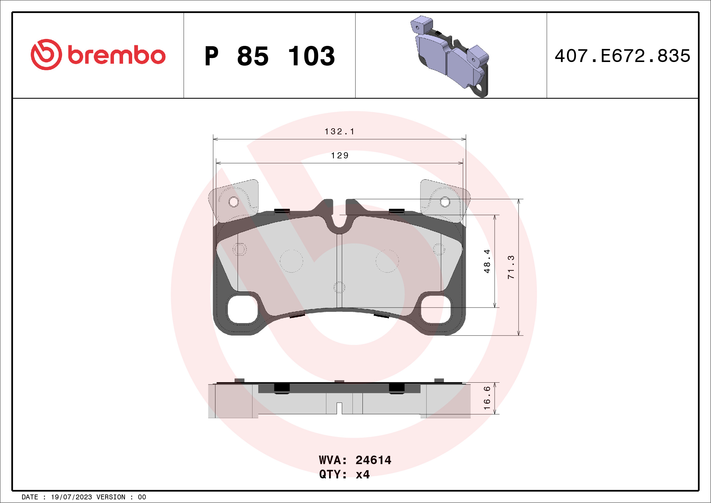 Jeu de 4 plaquettes de frein BREMBO ref. P 85 103