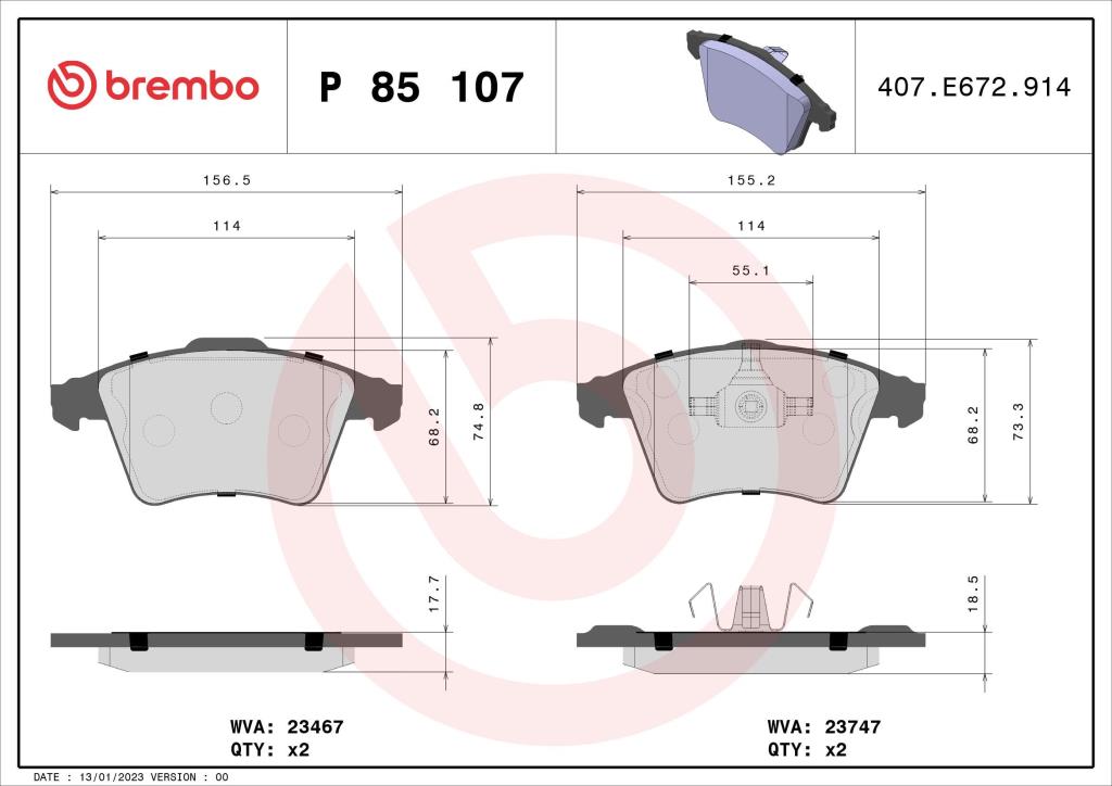 Jogo de 4 pastilhas de travão BREMBO ref. P 85 107