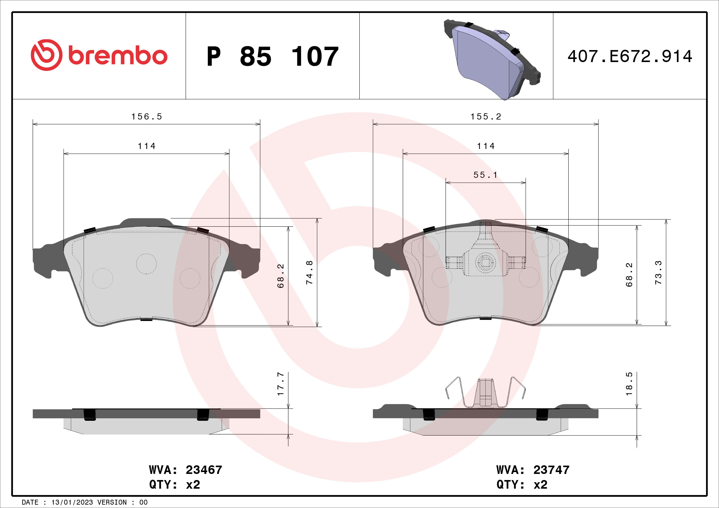Jogo de 4 pastilhas de travão BREMBO ref. P 85 107