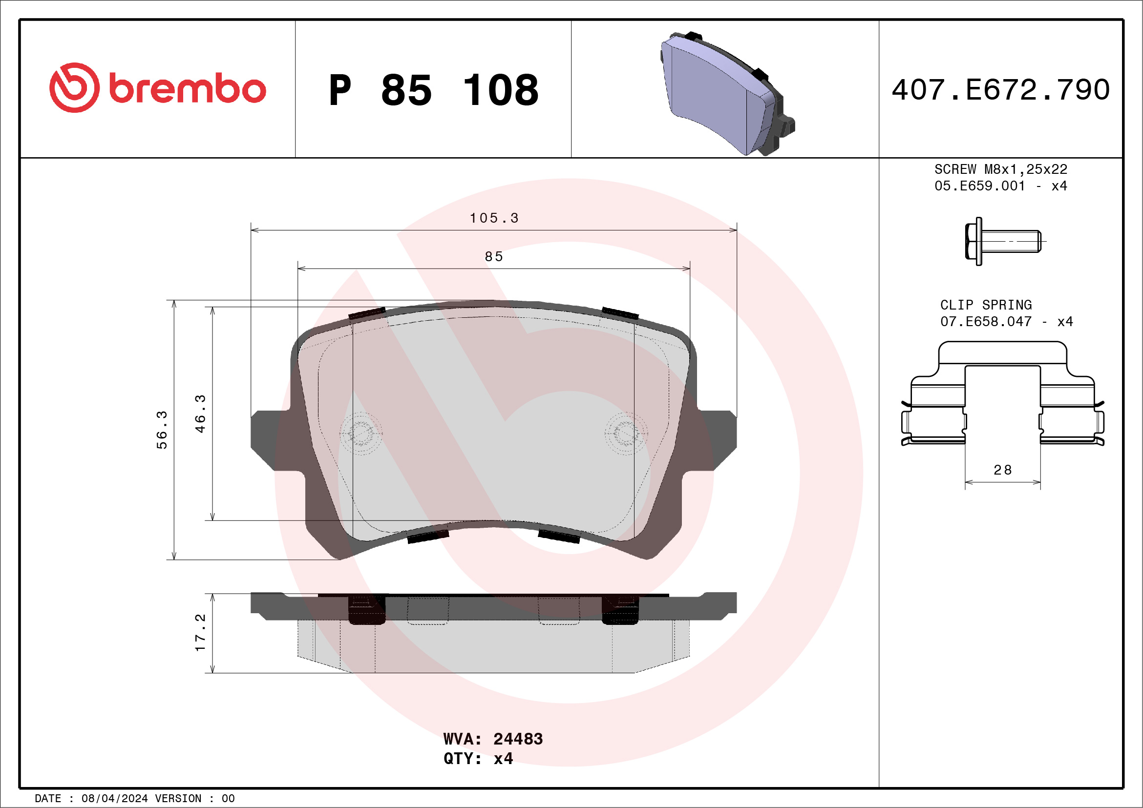Jogo de 4 pastilhas de travão BREMBO ref. P 85 108
