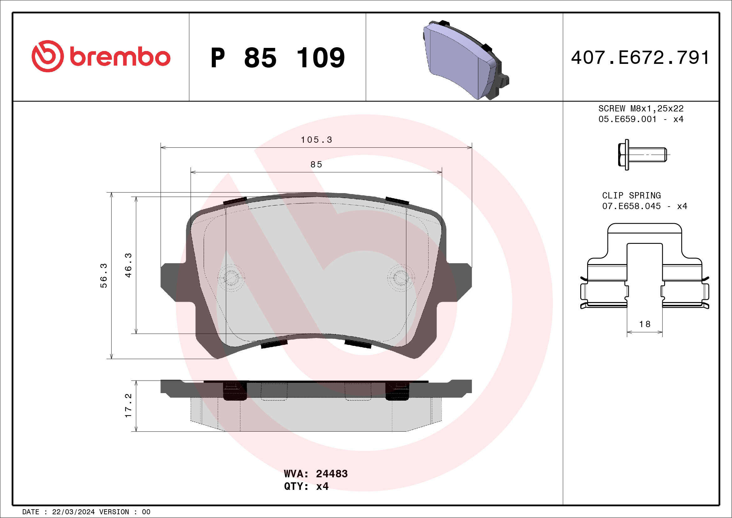 Jogo de 4 pastilhas de travão BREMBO ref. P 85 109