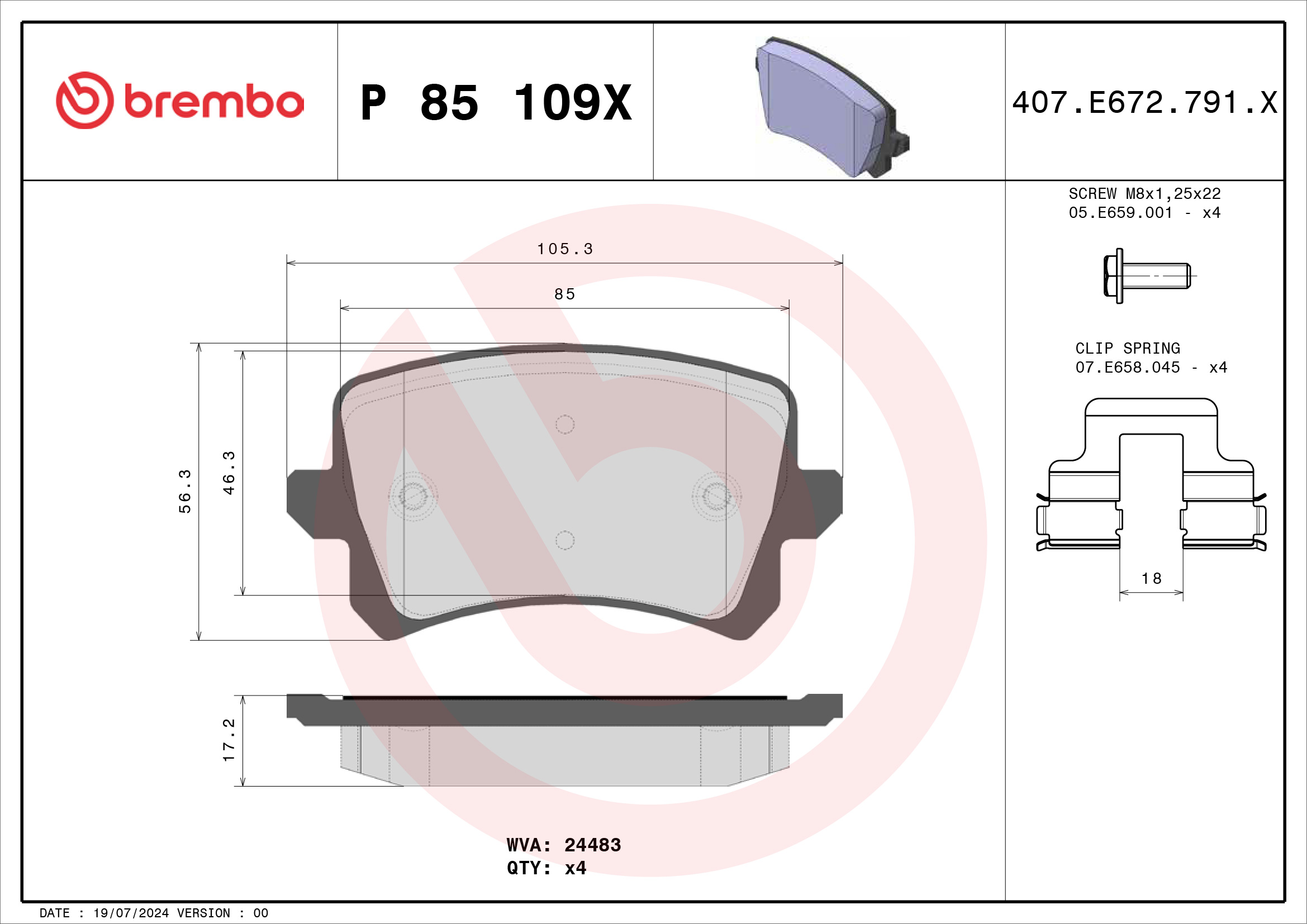 Jeu de 4 plaquettes de frein BREMBO ref. P 85 109X