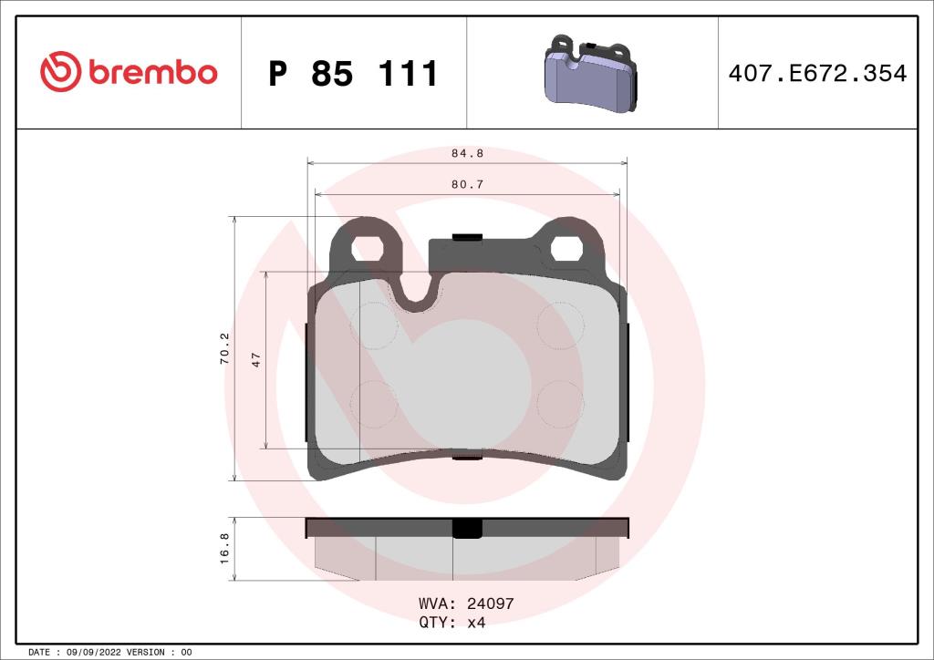 Jeu de 4 plaquettes de frein BREMBO ref. P 85 111