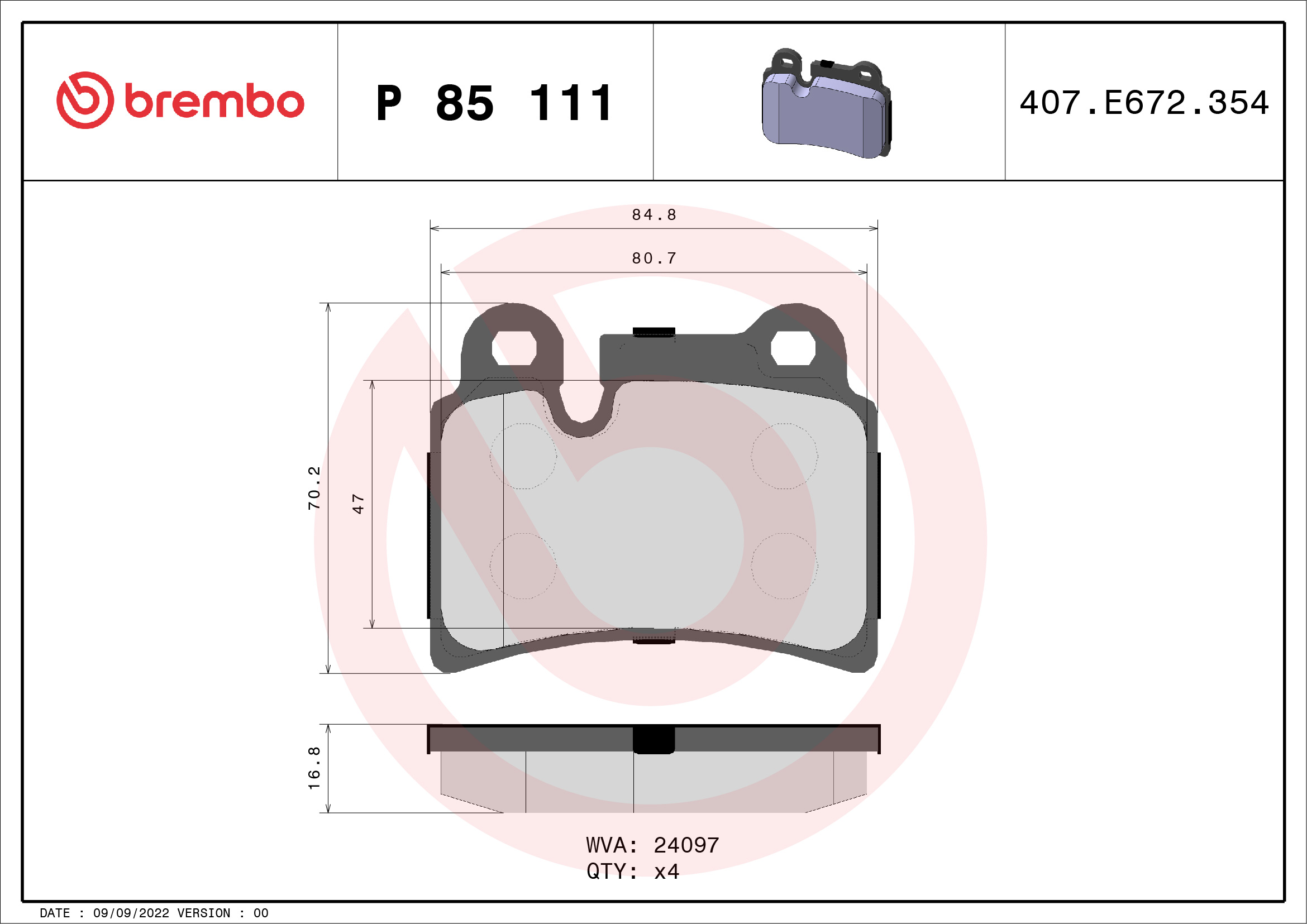 Jeu de 4 plaquettes de frein BREMBO ref. P 85 111