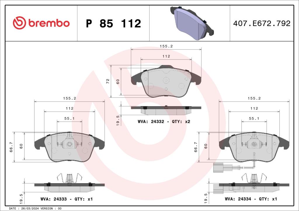 Jeu de 4 plaquettes de frein BREMBO ref. P 85 112