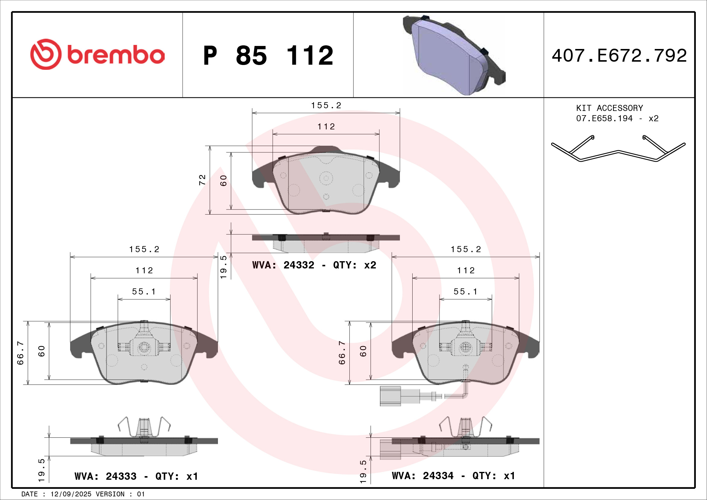 Jeu de 4 plaquettes de frein BREMBO ref. P 85 112