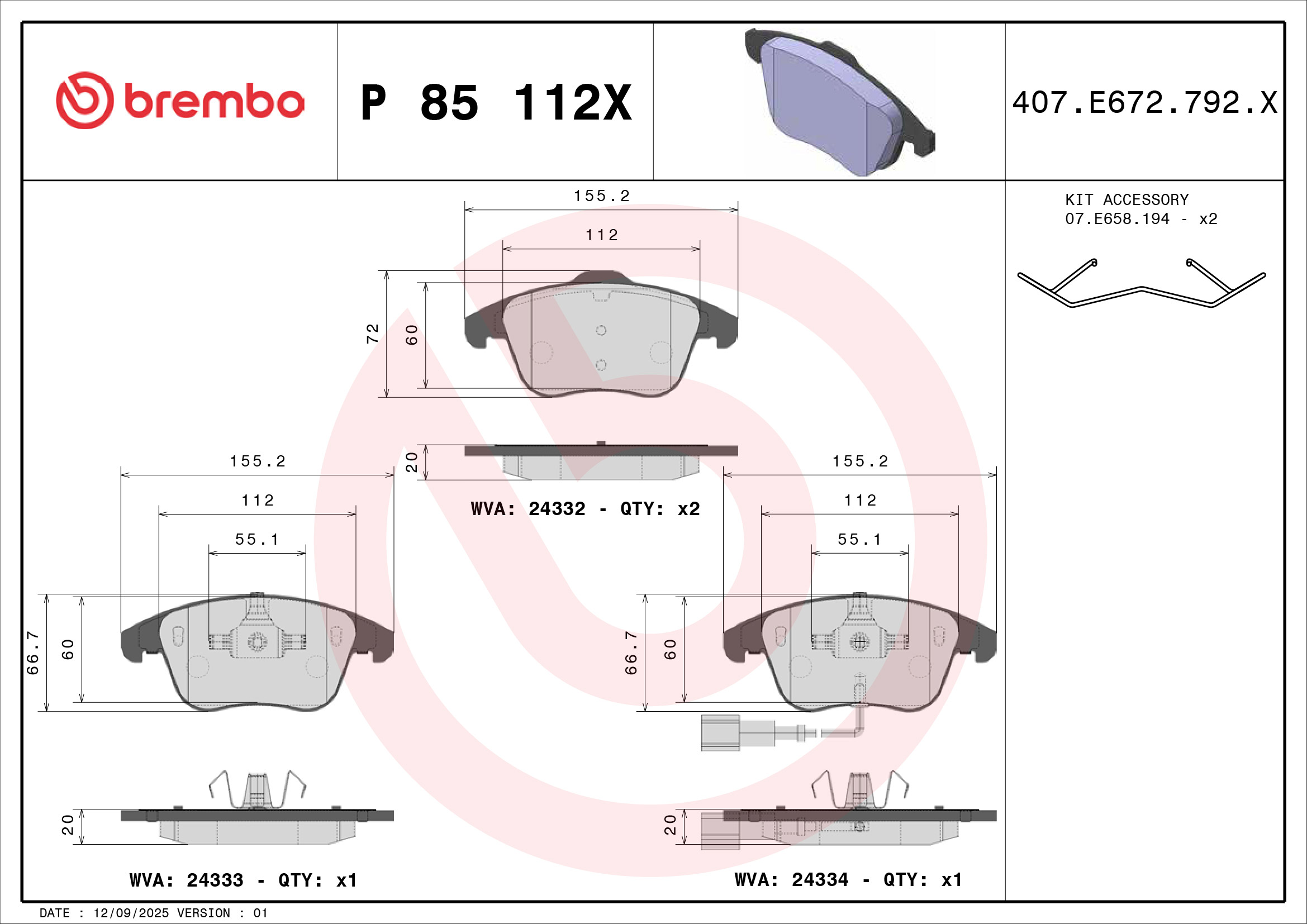 Jogo de 4 pastilhas de travão BREMBO ref. P 85 112X
