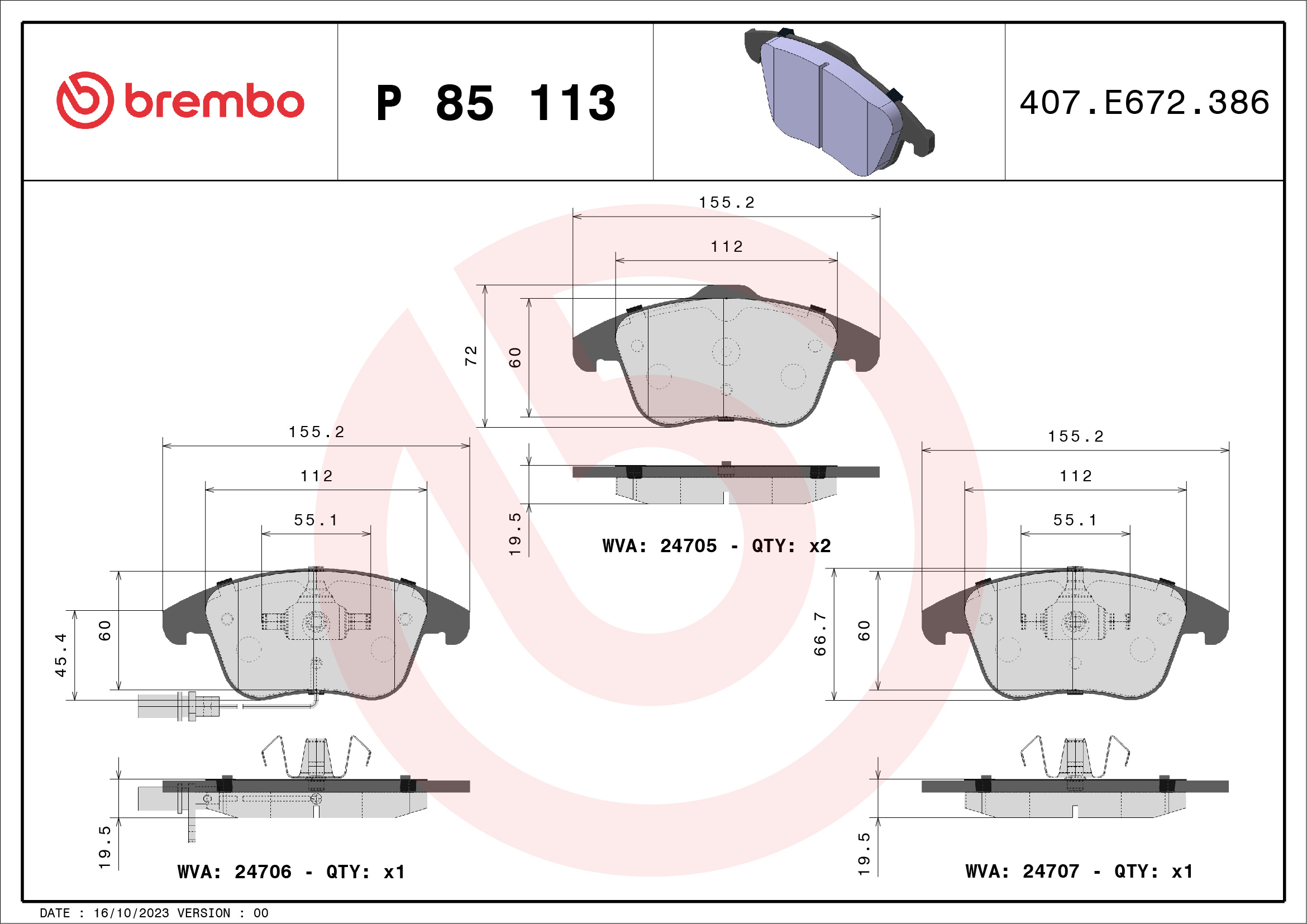 Jeu de 4 plaquettes de frein BREMBO ref. P 85 113
