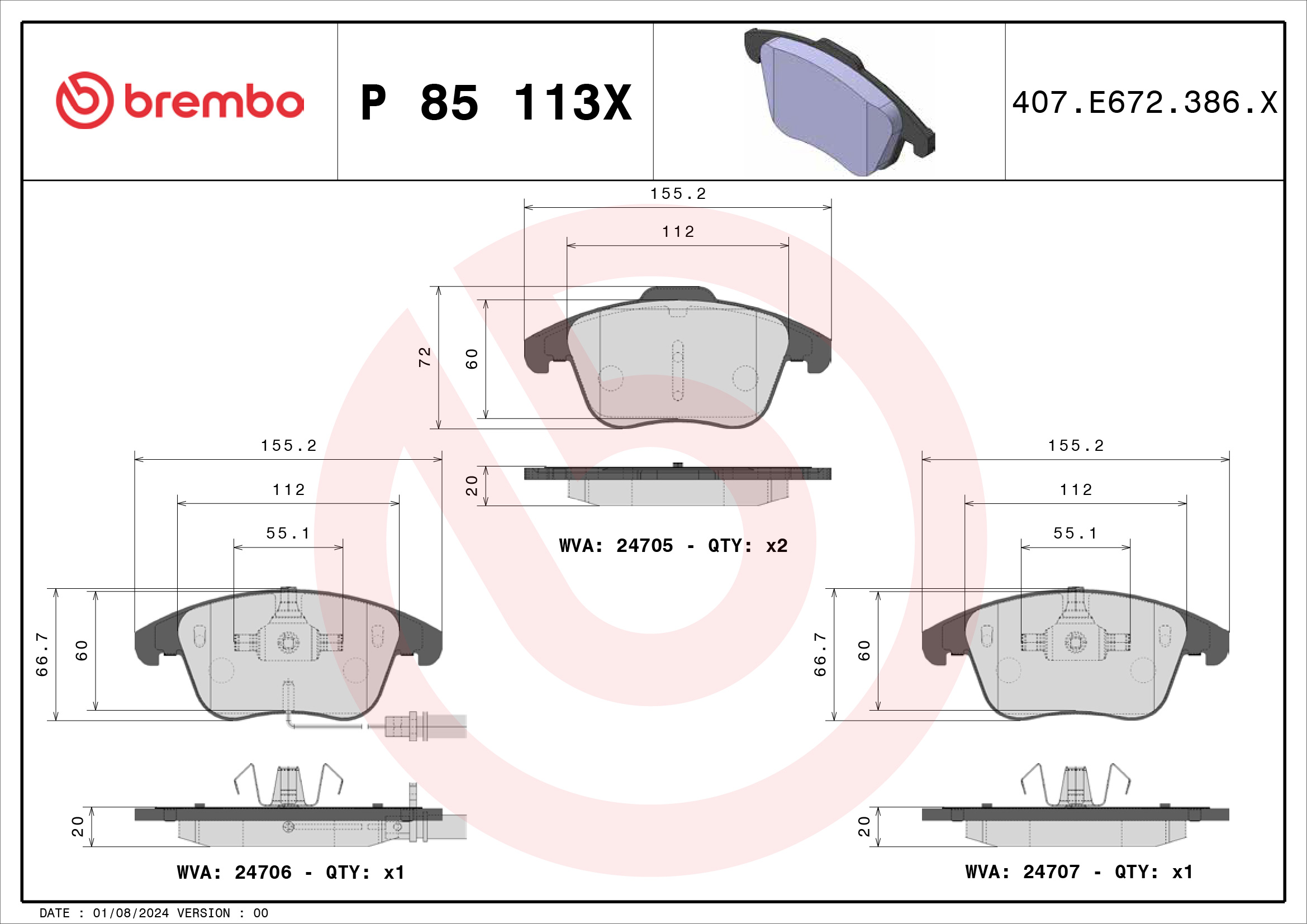Jeu de 4 plaquettes de frein BREMBO ref. P 85 113X