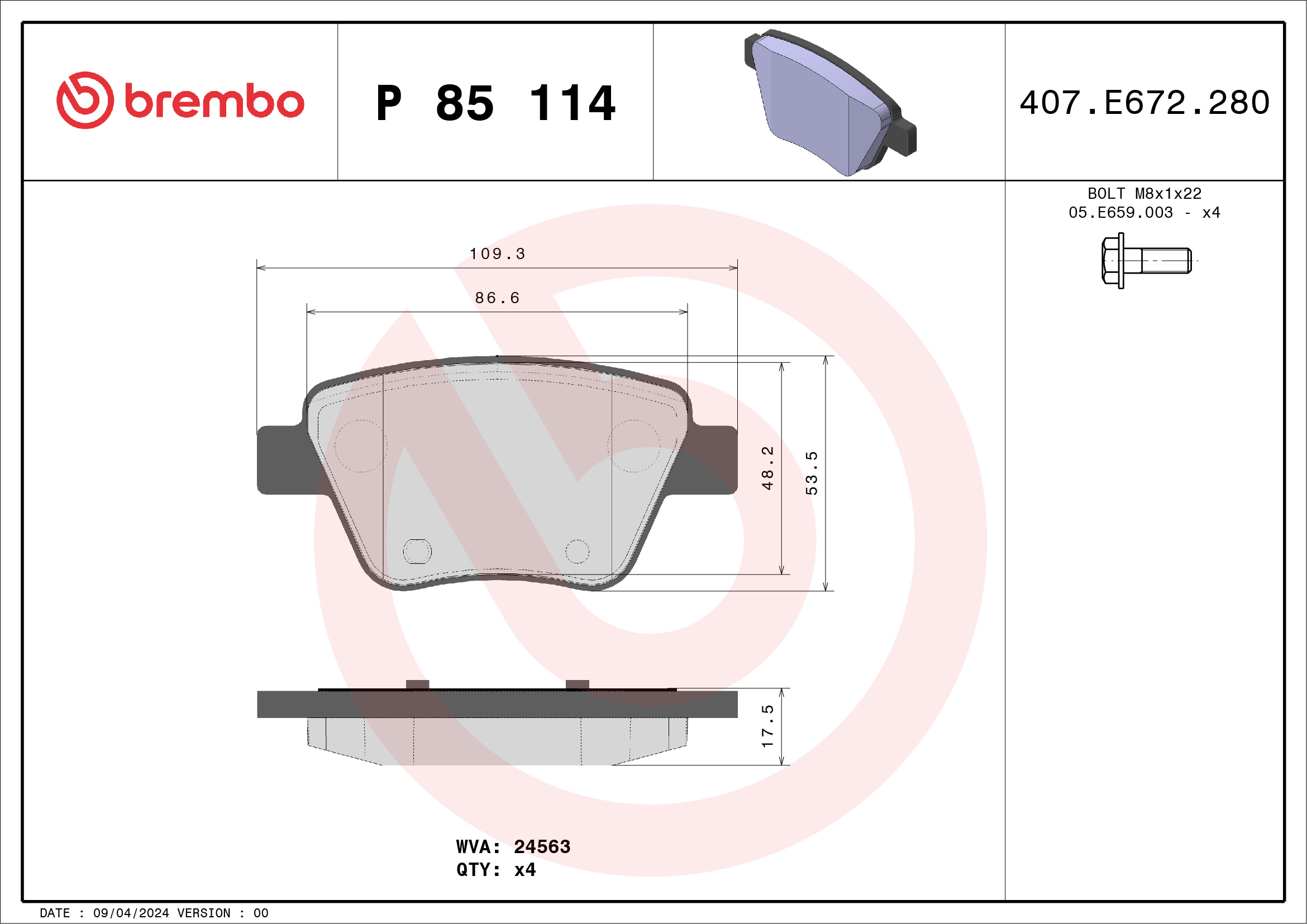 Jogo de 4 pastilhas de travão BREMBO ref. P 85 114