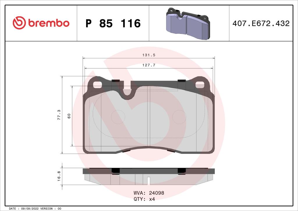 Jogo de 4 pastilhas de travão BREMBO ref. P 85 116