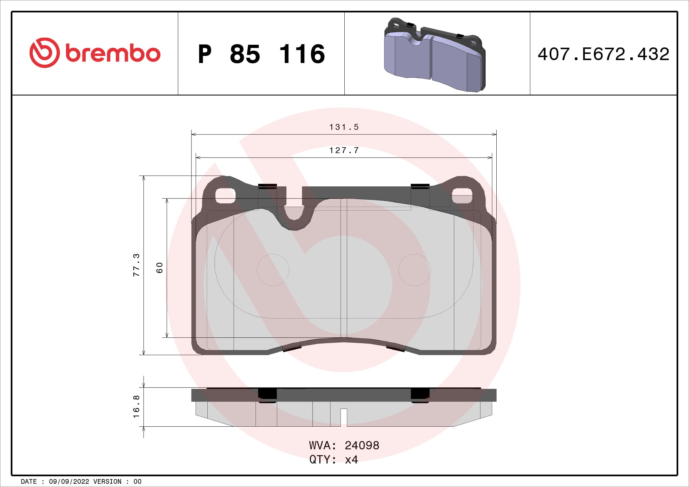 Jogo de 4 pastilhas de travão BREMBO ref. P 85 116