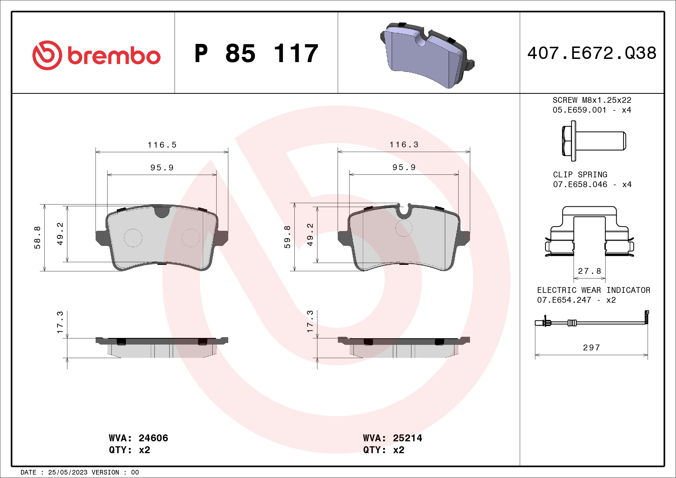 Jeu de 4 plaquettes de frein BREMBO ref. P 85 117
