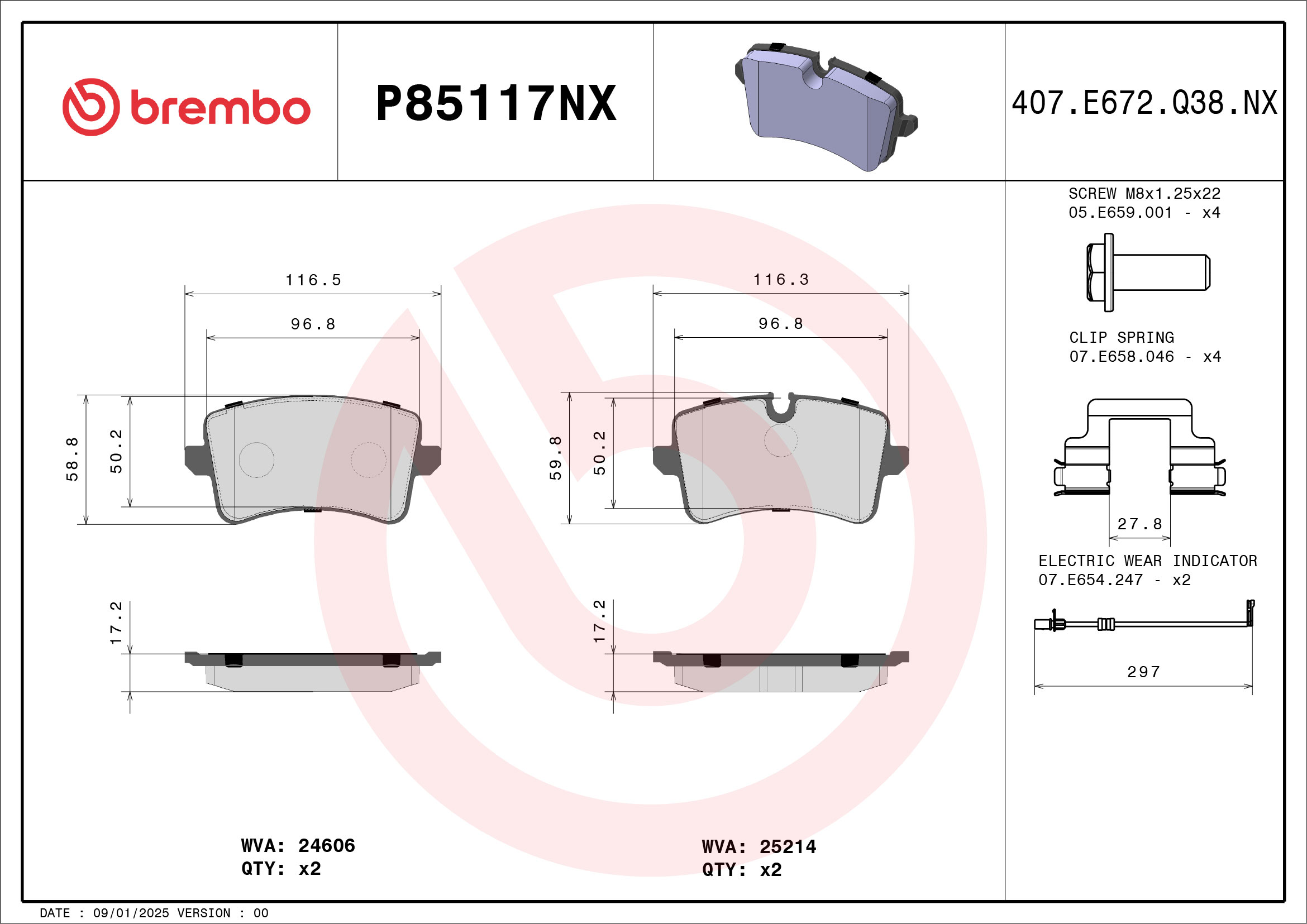 Jogo de 4 pastilhas de travão BREMBO ref. P85117NX