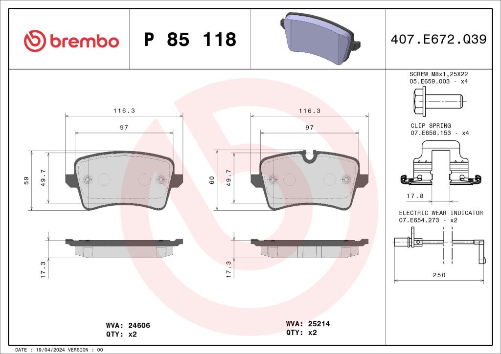 Jogo de 4 pastilhas de travão BREMBO ref. P 85 118
