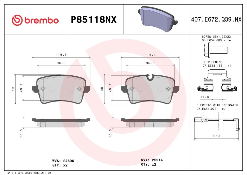Jogo de 4 pastilhas de travão BREMBO ref. P85118NX