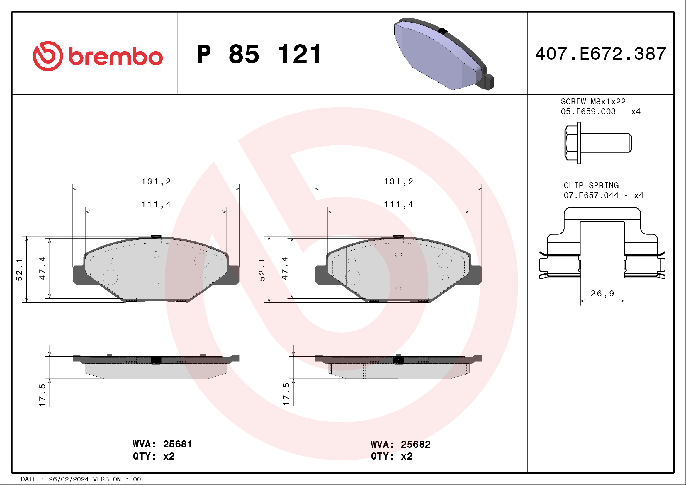 Jogo de 4 pastilhas de travão BREMBO ref. P 85 121