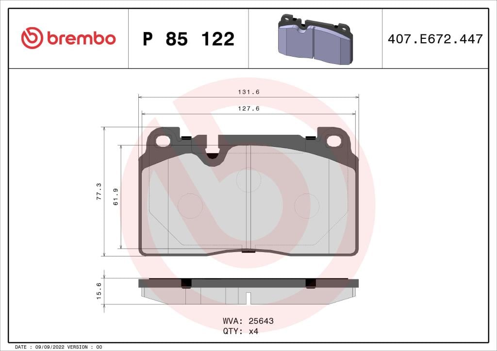 Jeu de 4 plaquettes de frein BREMBO ref. P 85 122