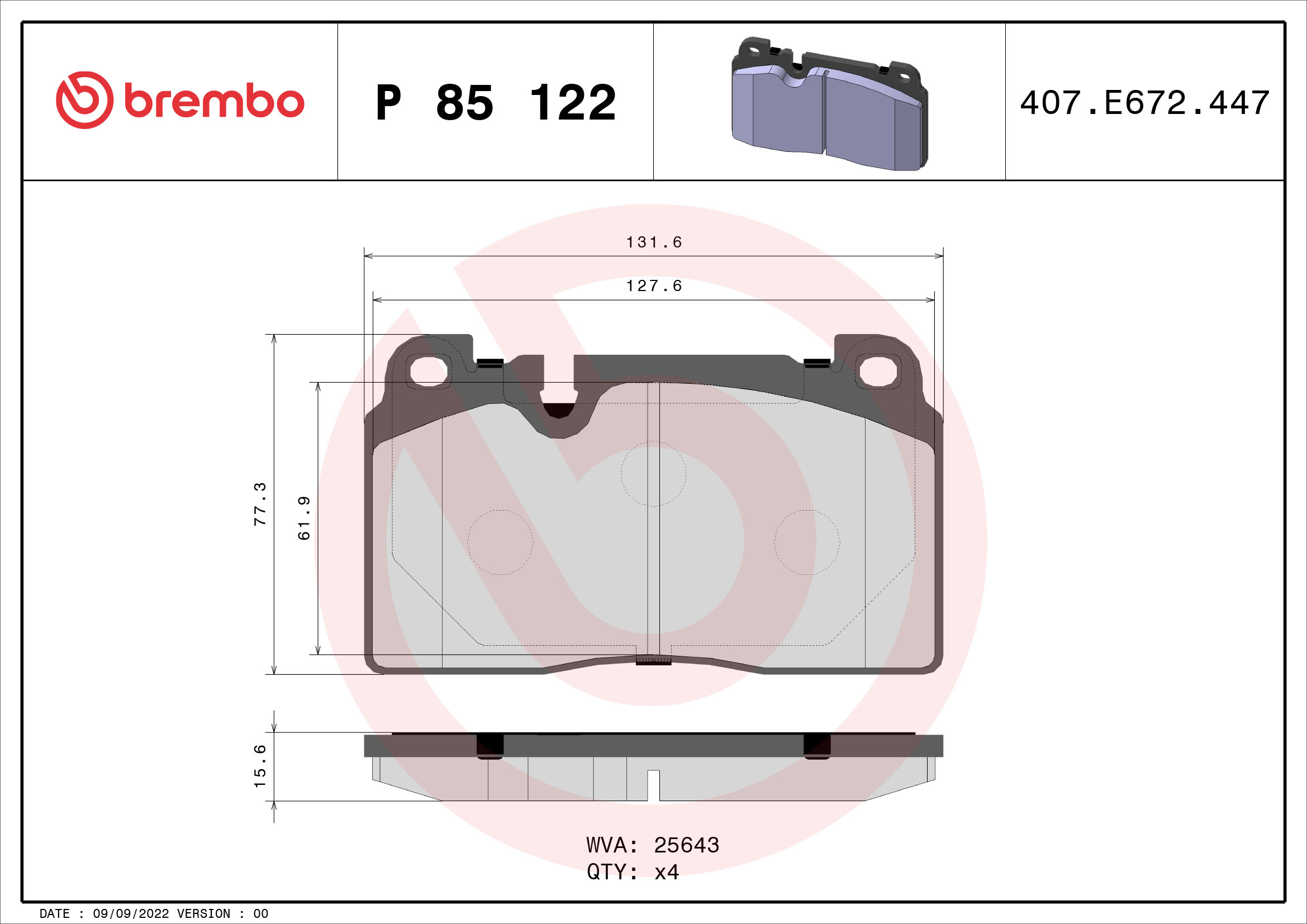 Jeu de 4 plaquettes de frein BREMBO ref. P 85 122