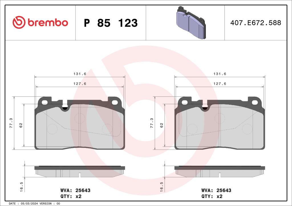 Jogo de 4 pastilhas de travão BREMBO ref. P 85 123