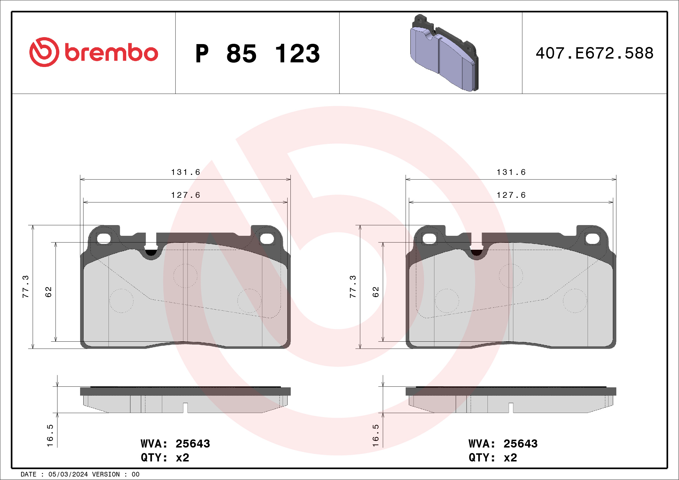 Jogo de 4 pastilhas de travão BREMBO ref. P 85 123
