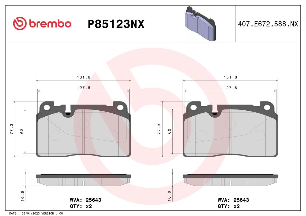 Jogo de 4 pastilhas de travão BREMBO ref. P85123NX