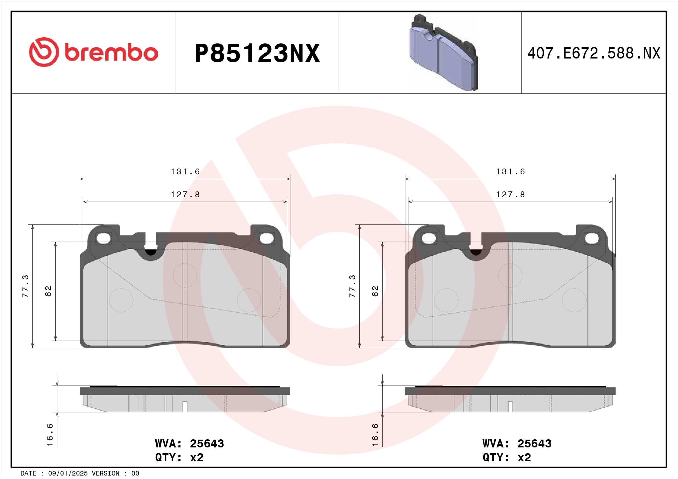 Jogo de 4 pastilhas de travão BREMBO ref. P85123NX