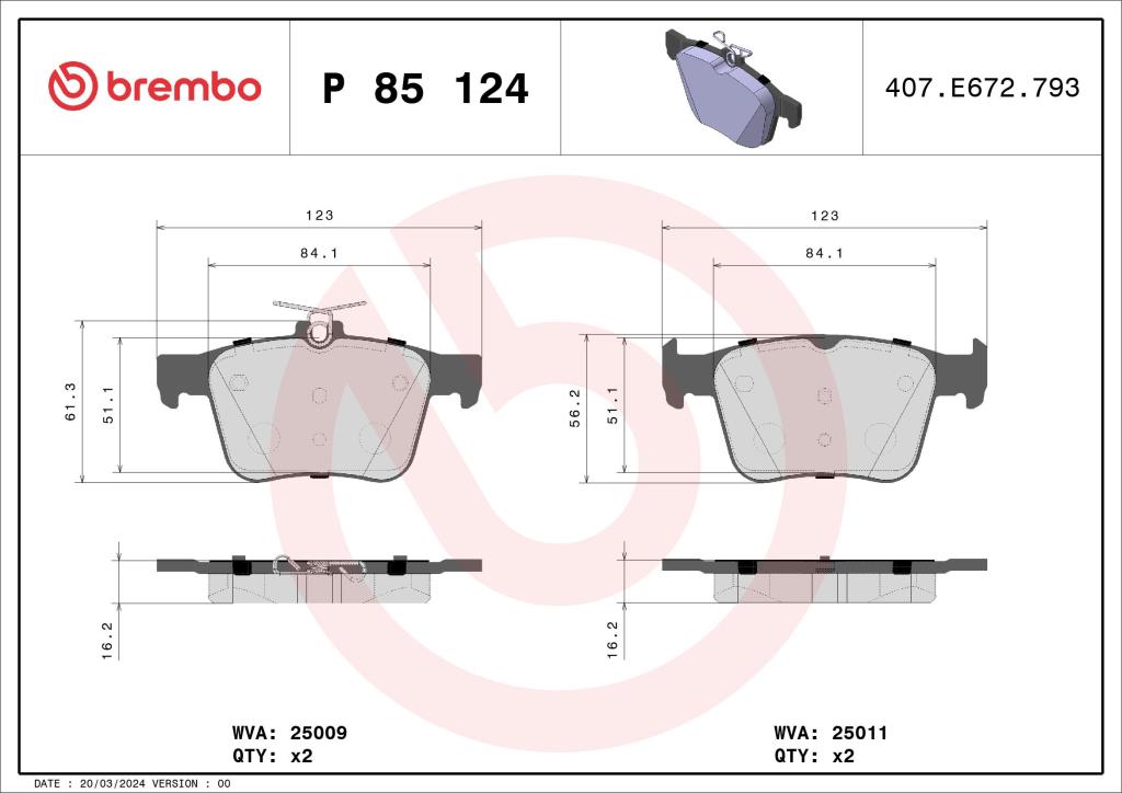 Jogo de 4 pastilhas de travão BREMBO ref. P 85 124