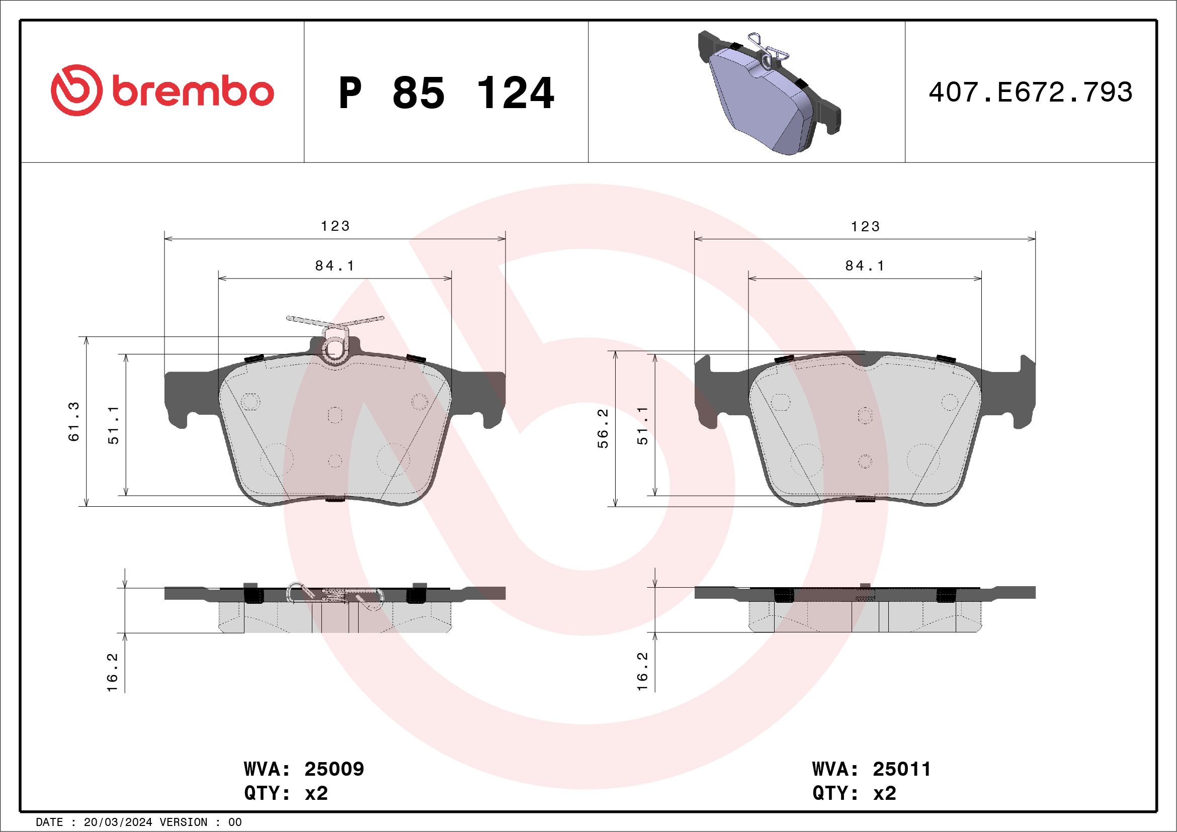 Jogo de 4 pastilhas de travão BREMBO ref. P 85 124