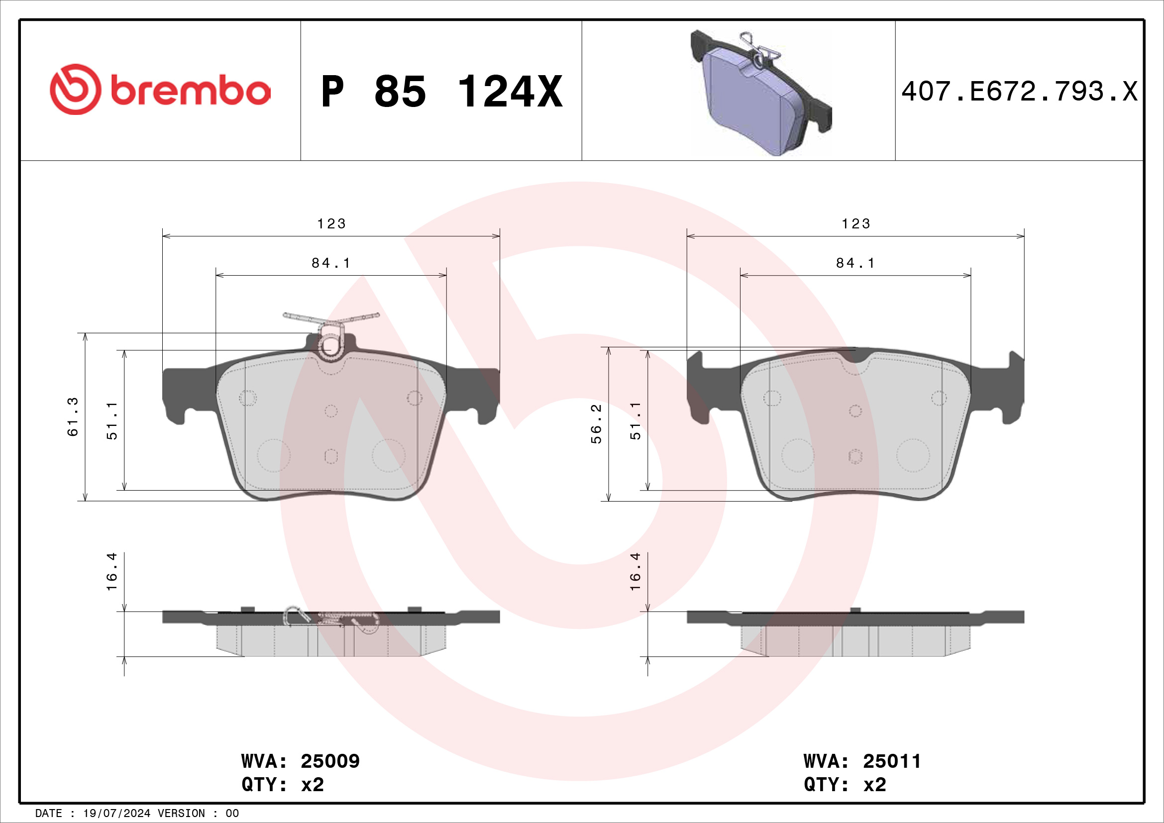 Jogo de 4 pastilhas de travão BREMBO ref. P 85 124X