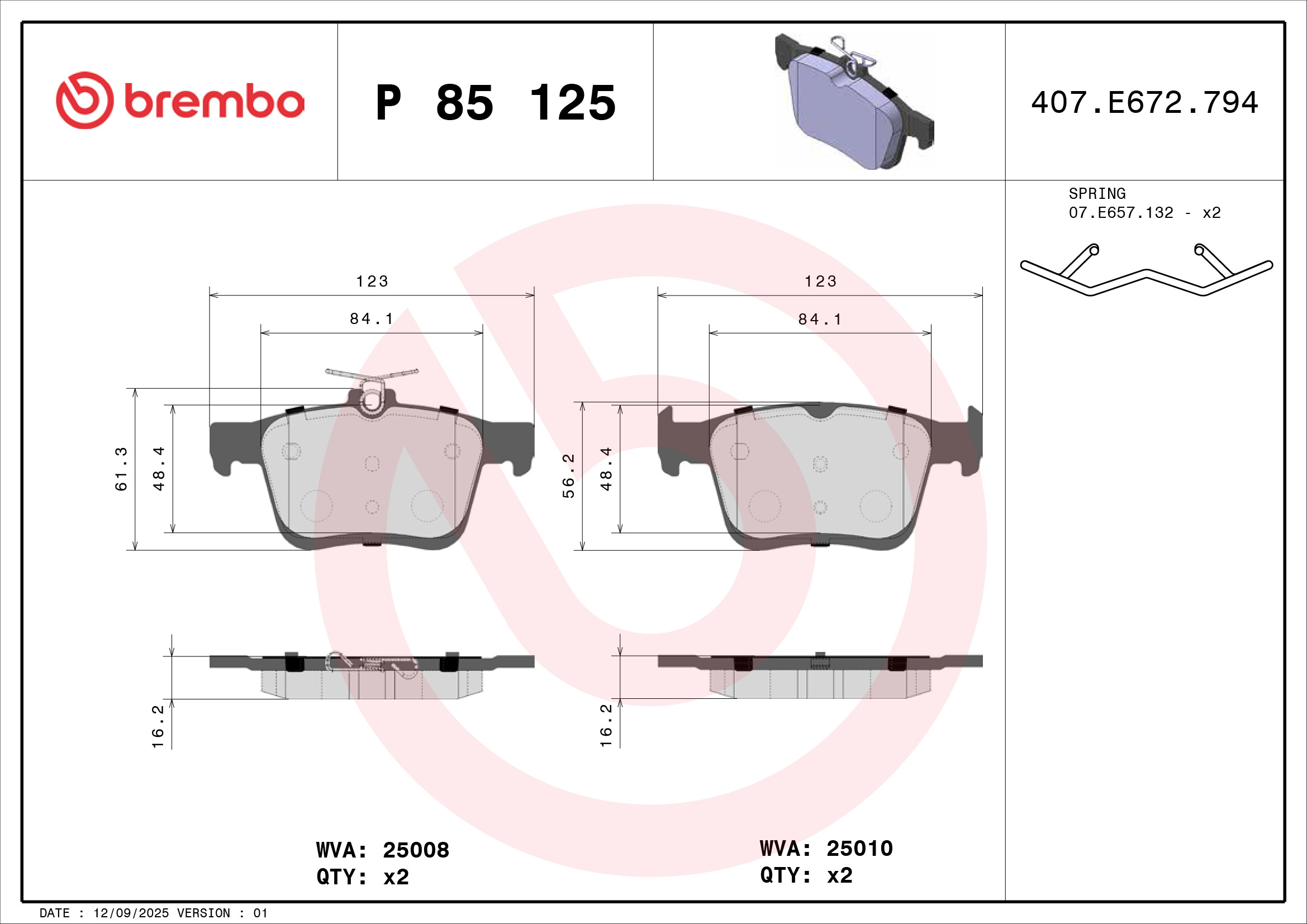 Jeu de 4 plaquettes de frein BREMBO ref. P 85 125