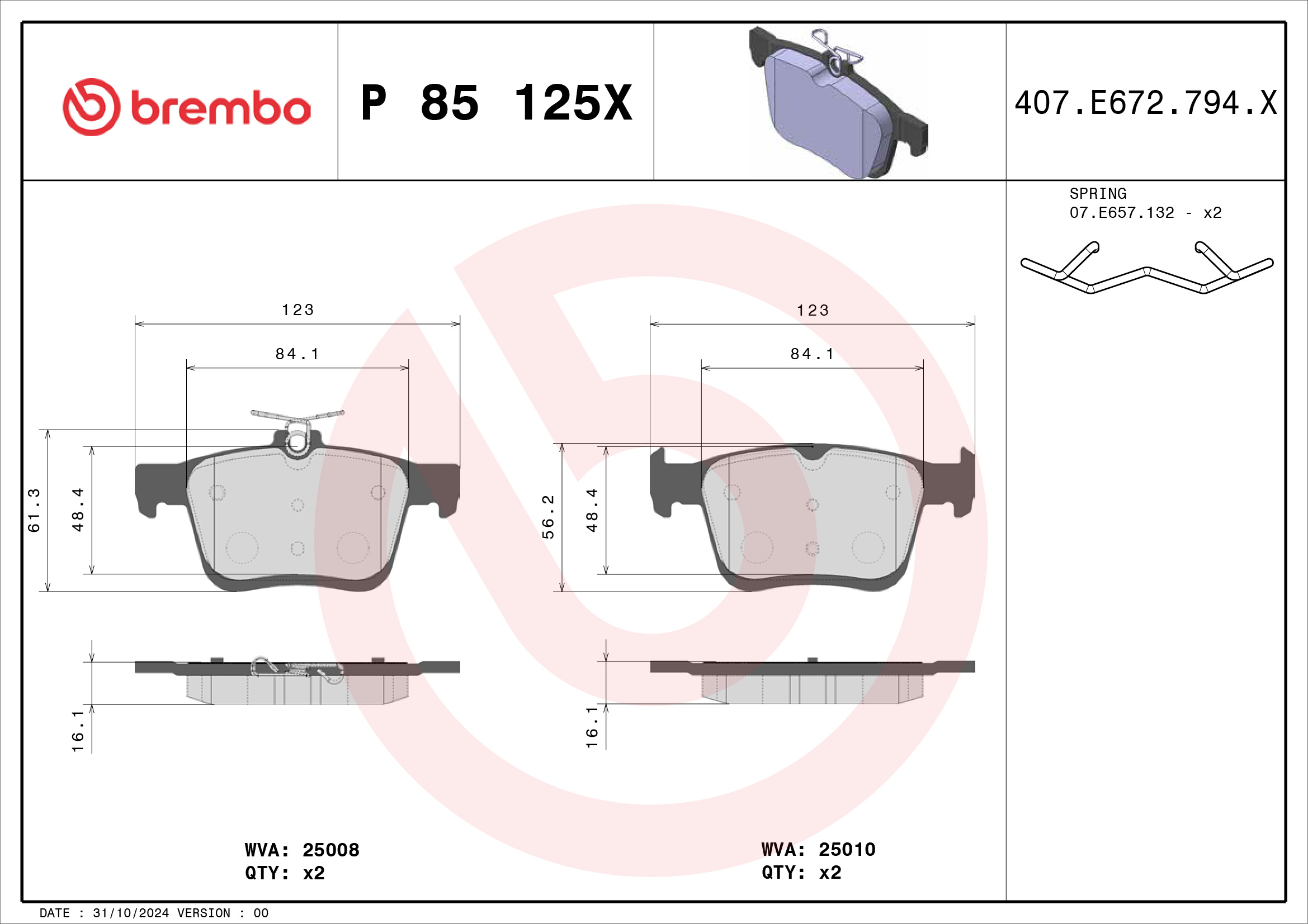 Jeu de 4 plaquettes de frein BREMBO ref. P 85 125X