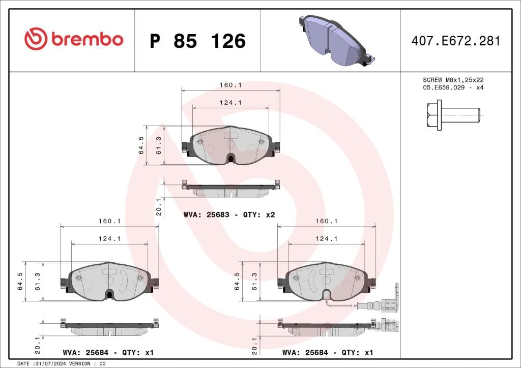 Jeu de 4 plaquettes de frein BREMBO ref. P 85 126