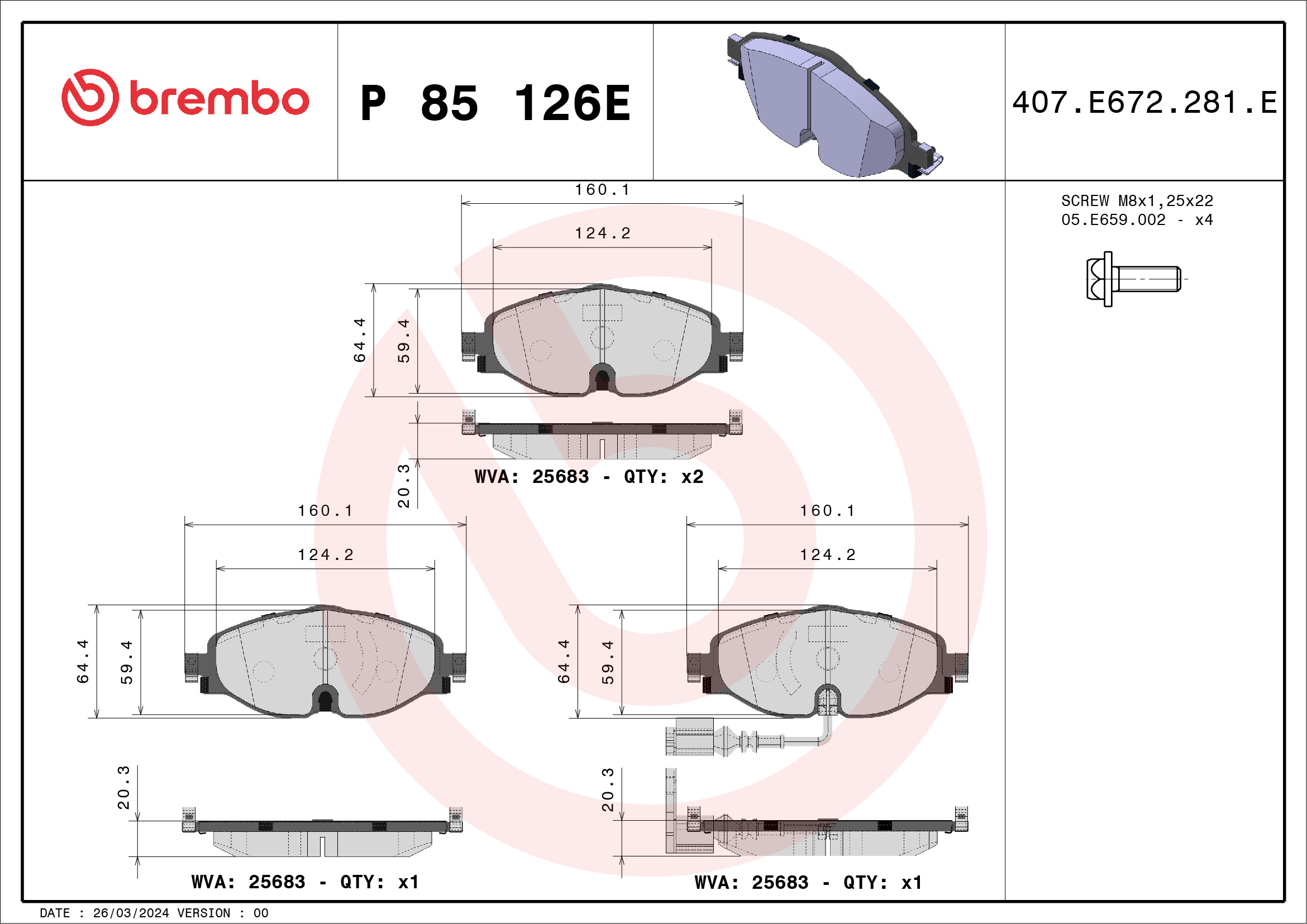 Jeu de 4 plaquettes de frein BREMBO ref. P 85 126E