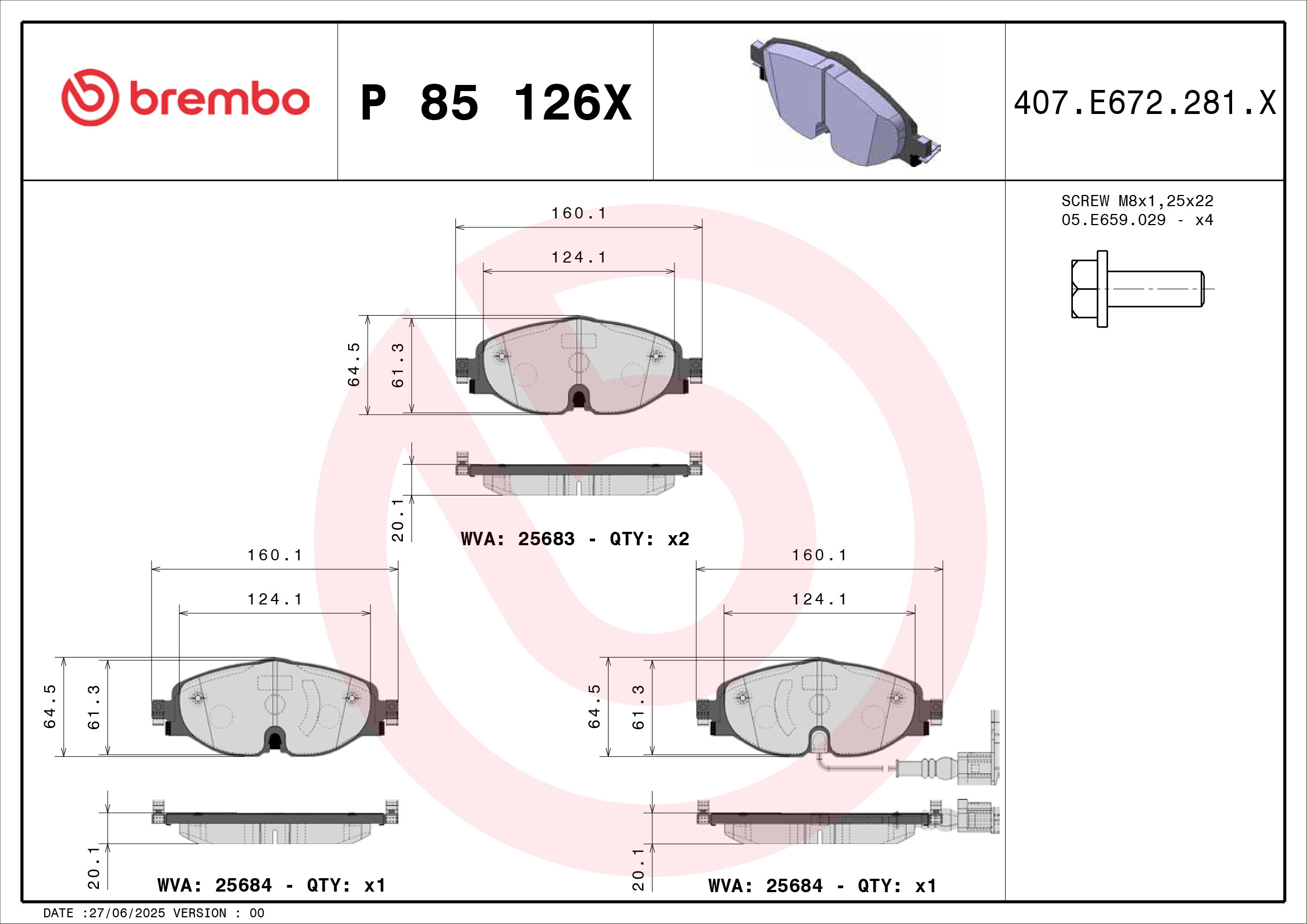 Jogo de 4 pastilhas de travão BREMBO ref. P 85 126X