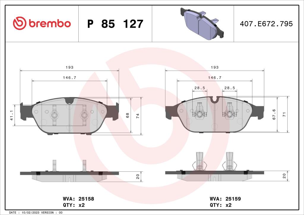 Jogo de 4 pastilhas de travão BREMBO ref. P 85 127