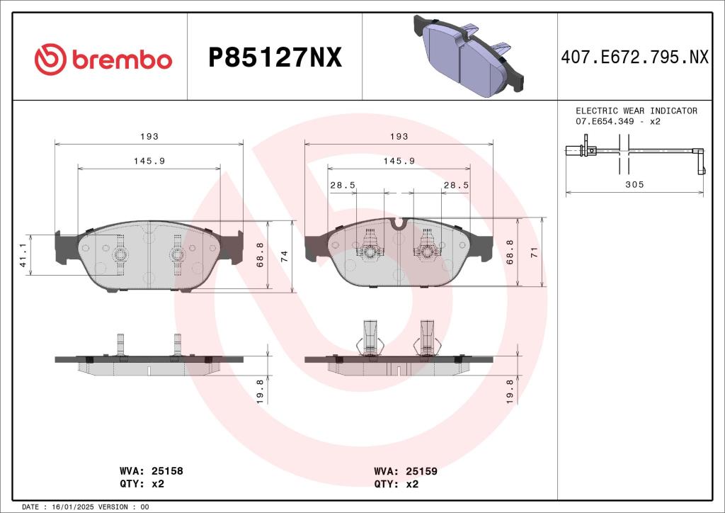 Jogo de 4 pastilhas de travão BREMBO P85127NX