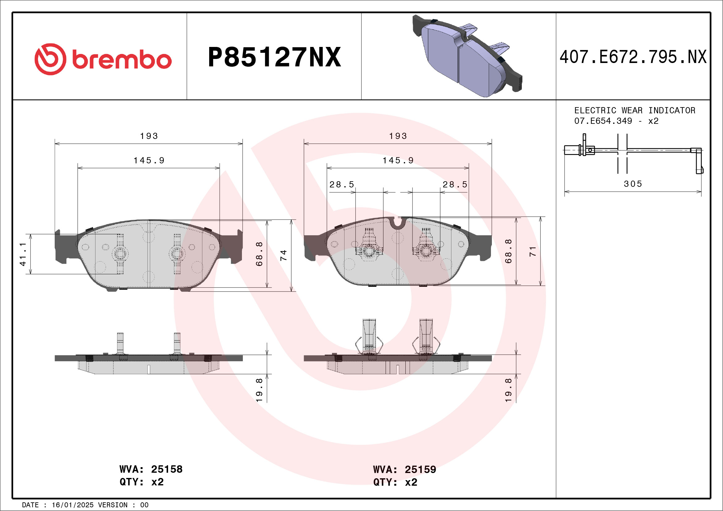 Jogo de 4 pastilhas de travão BREMBO P85127NX