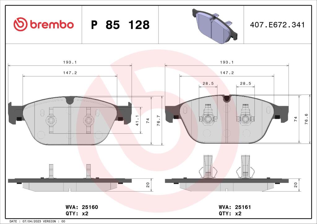 Jeu de 4 plaquettes de frein BREMBO ref. P 85 128