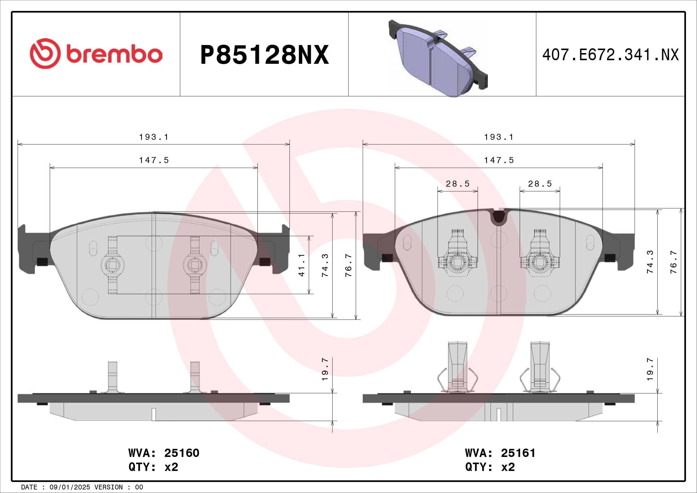 Jogo de 4 pastilhas de travão BREMBO ref. P85128NX