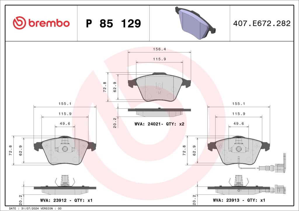 Jeu de 4 plaquettes de frein BREMBO ref. P 85 129