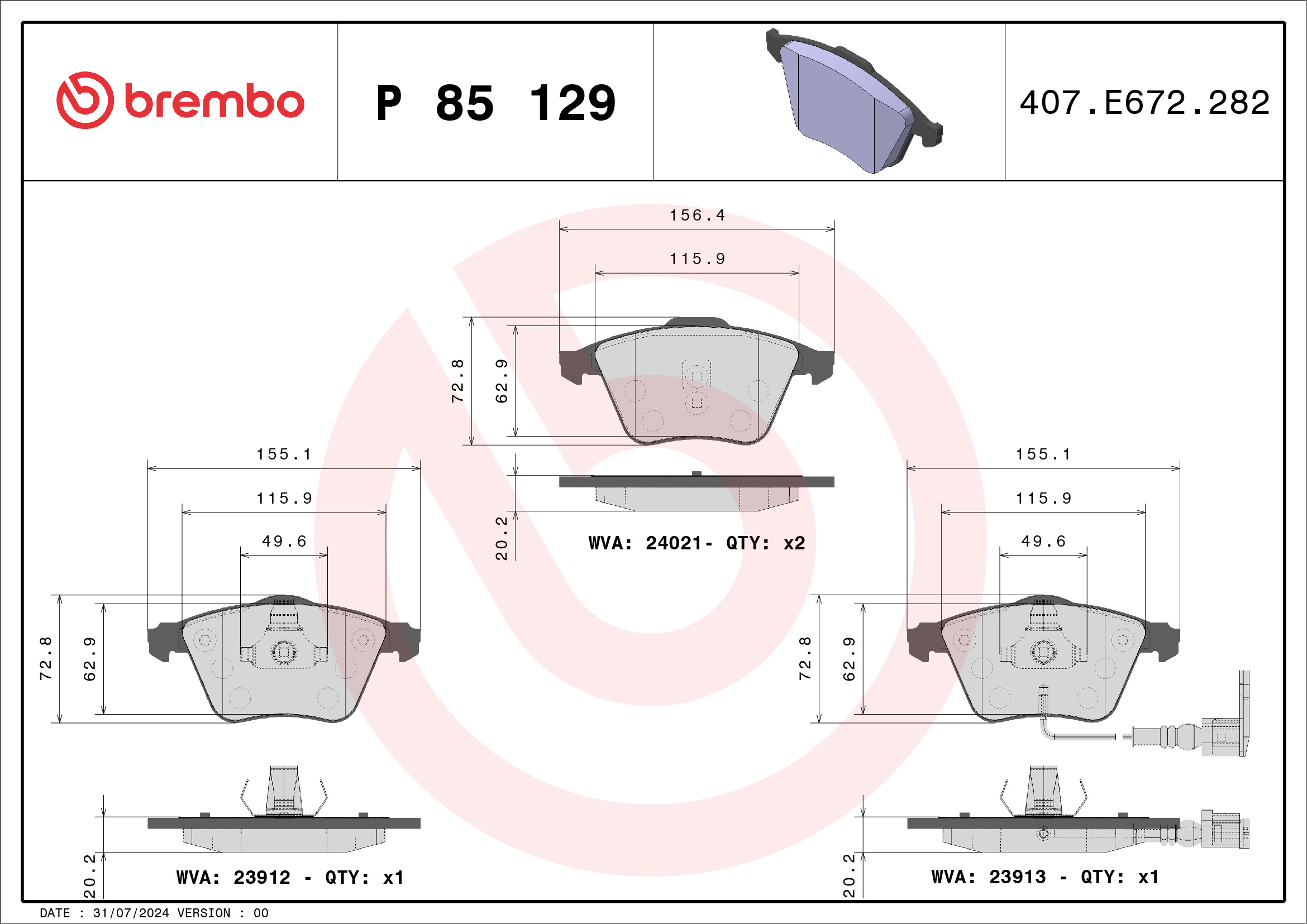 Jeu de 4 plaquettes de frein BREMBO ref. P 85 129