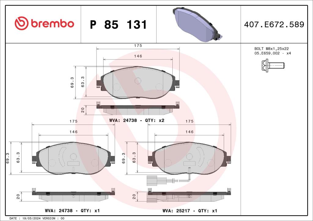 Jeu de 4 plaquettes de frein BREMBO ref. P 85 131