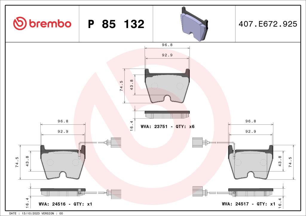 Jogo de 4 pastilhas de travão BREMBO ref. P 85 132