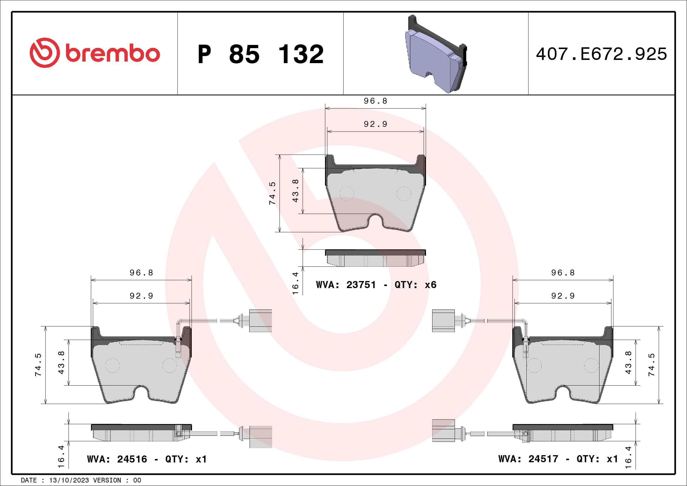 Jogo de 4 pastilhas de travão BREMBO ref. P 85 132