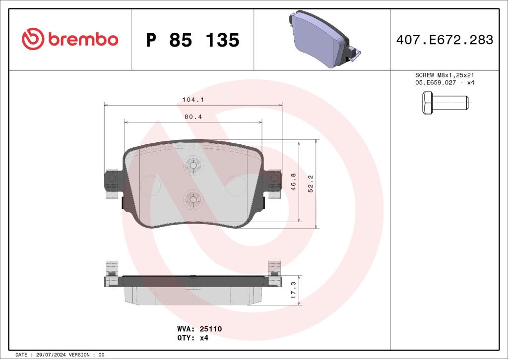 Jeu de 4 plaquettes de frein BREMBO ref. P 85 135