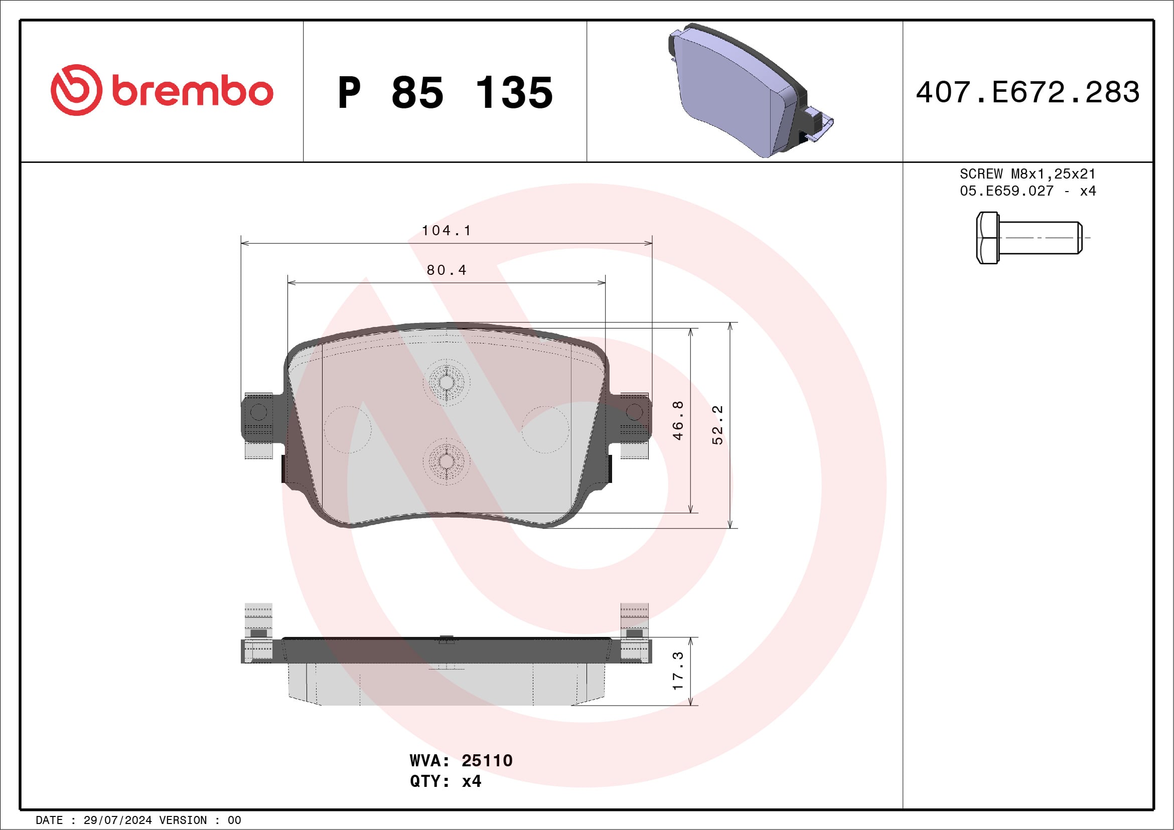Jeu de 4 plaquettes de frein BREMBO ref. P 85 135