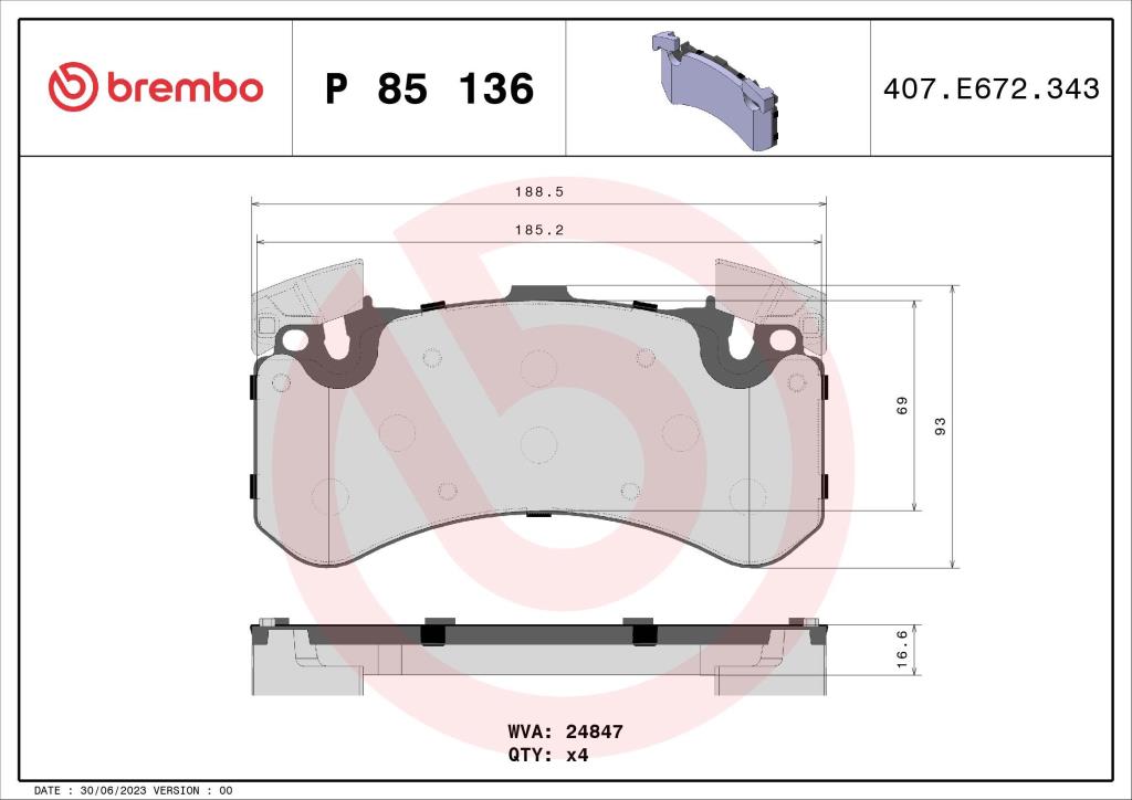 Jogo de 4 pastilhas de travão BREMBO ref. P 85 136