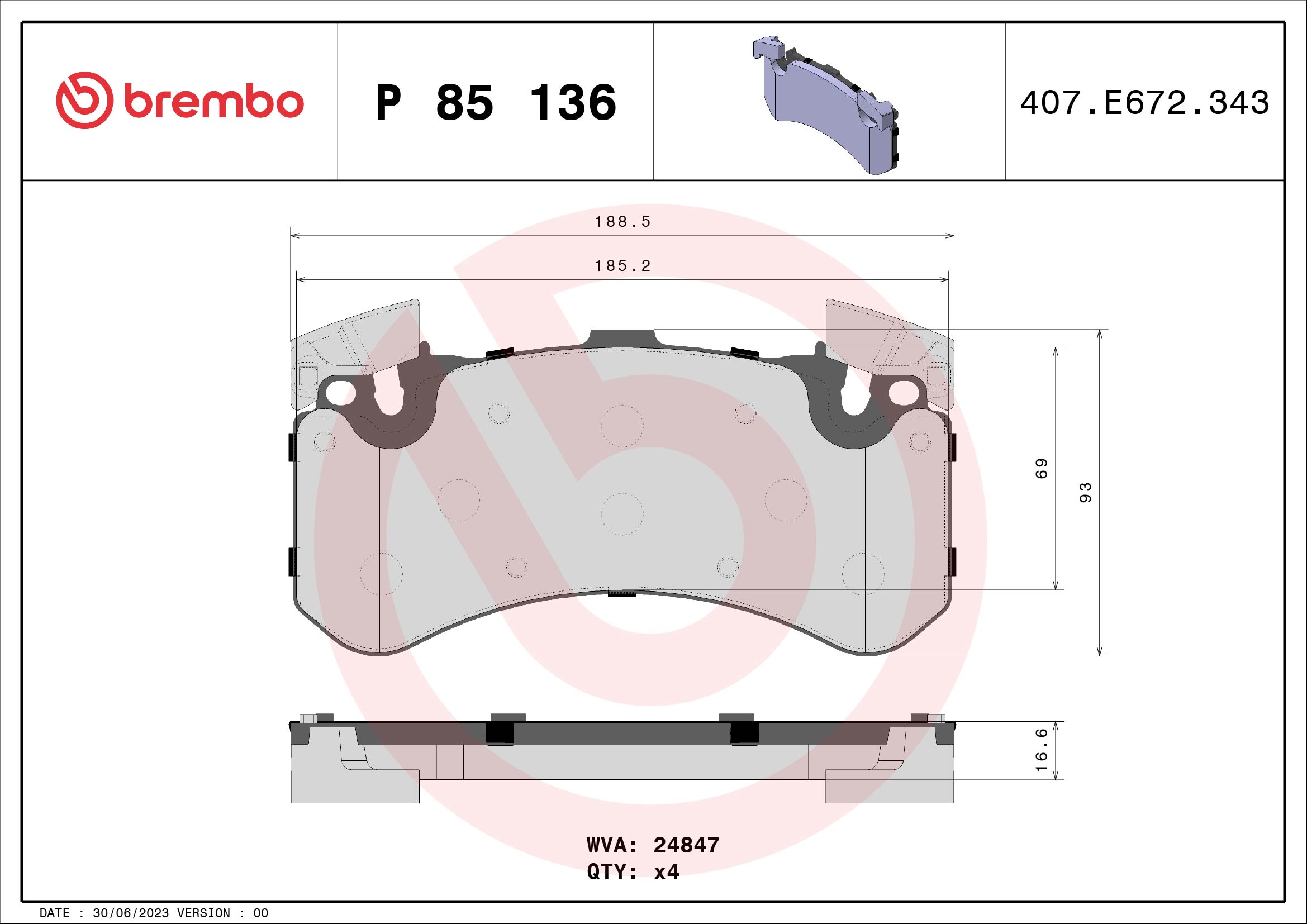 Jogo de 4 pastilhas de travão BREMBO ref. P 85 136